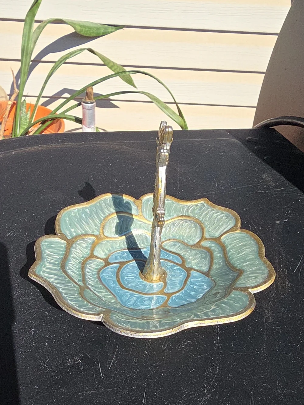 Decorative Blue-Green Floral Jewelry Holder with Gold Accent